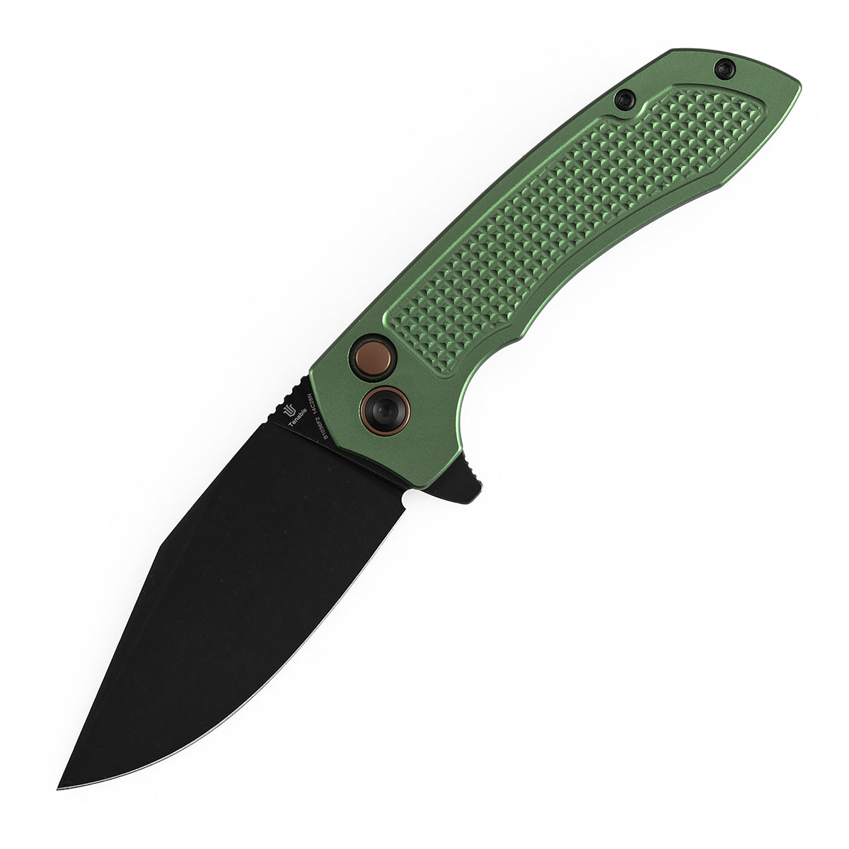 Tenable Entity B1036F2 Blackwash 14C28N Blade Green Aluminum Handdle Button Lock Folding Knife