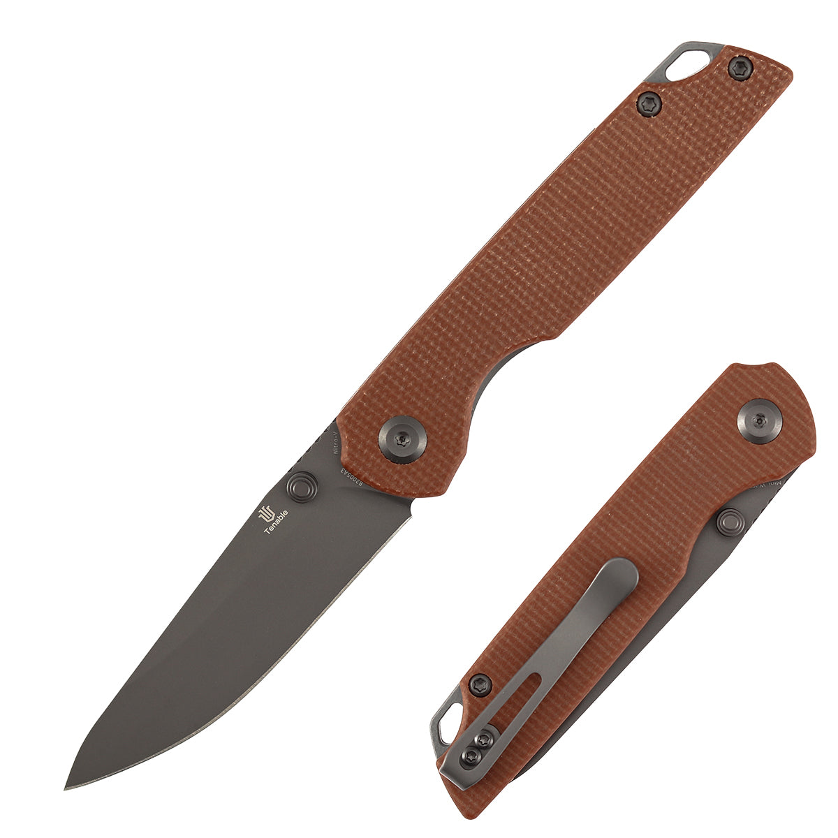Tenable Mini Warrior B2005A3 Gray TiCn Coated Nitro-V Blade Brown Micarta Handle Liner Lock Folding Knife