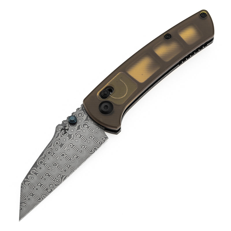 Kansept Main Street T1015V12 Damascus Blade Amber PEI/Ultem Handle Crossbar Lock Folding Knives