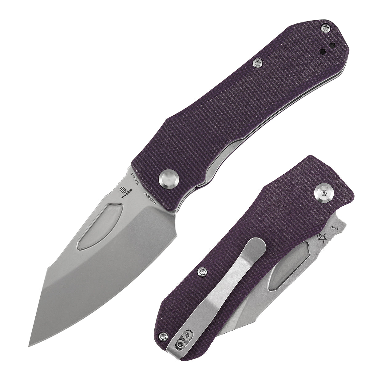 Tenable Loki B1058A2 Stonewashed Nitro-V Blade Purple Micarta Handle Liner Lock Folding Knife