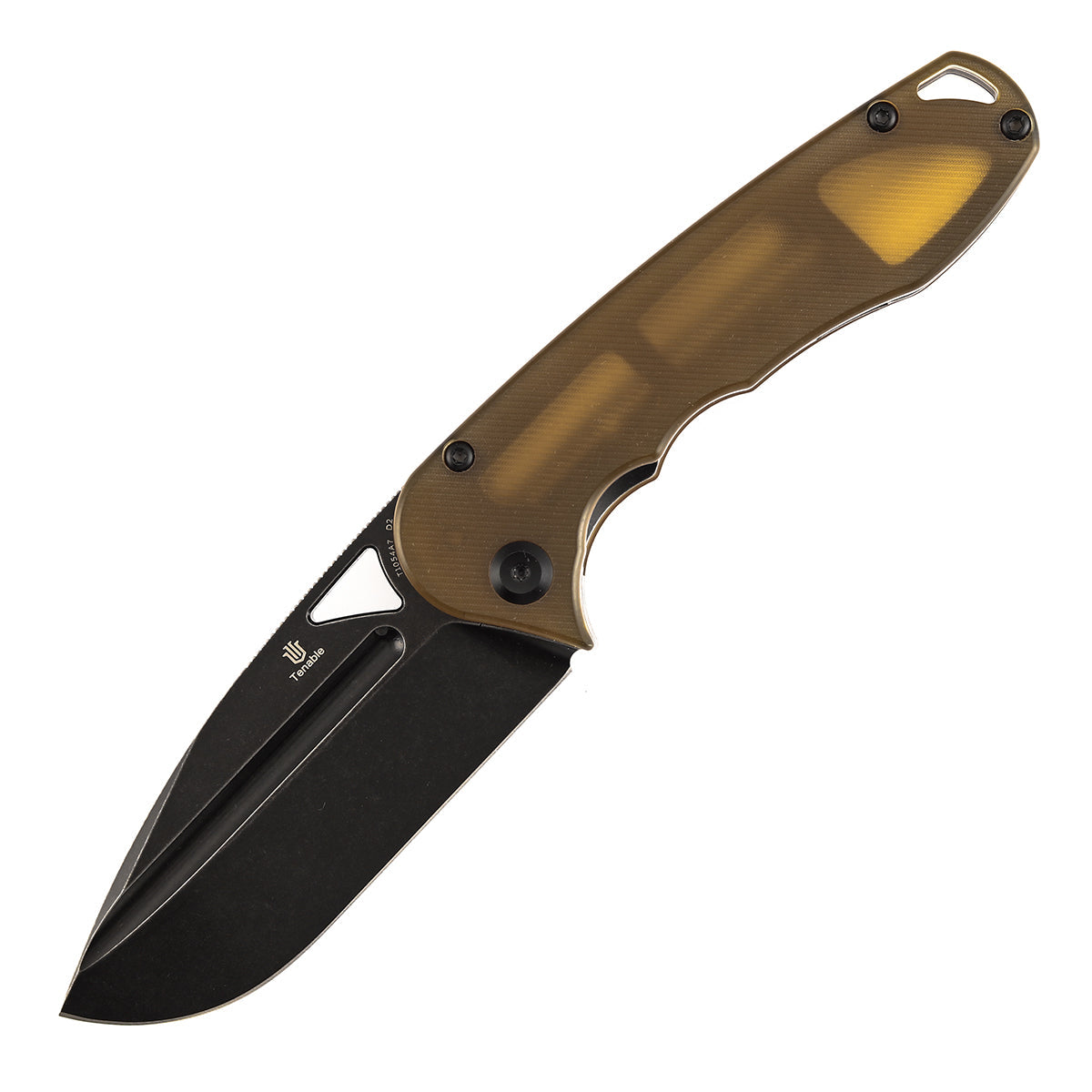 Tenable Bömbur T1054A7 Blackwashed D2 Blade Amber PEI Handle Liner Lock Folding Knife