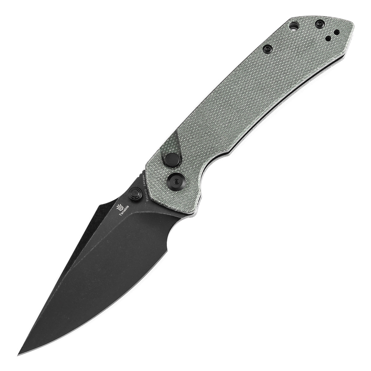 Tenable Fenrir T1034F5 Blackwashed 14C28N Blade Green Micarta Handle Button Lock Folding Knife