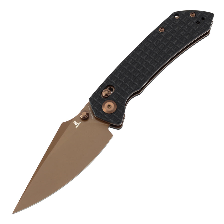 Tenable Knives Fenrir T1034V8 Rose Gold Coated Nitro-V Blade Black G10 Handle Cross Bar Lock