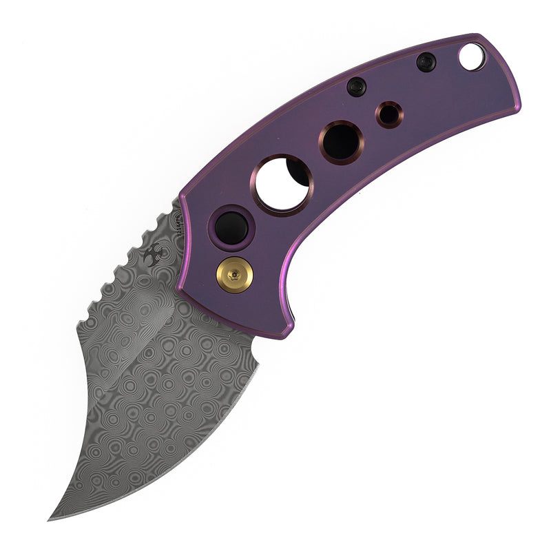 Kansept Wasp T2144F6 Acid Etched Damascus Blade Purple Anodized Titanium Handle Button Lock Folding Knife