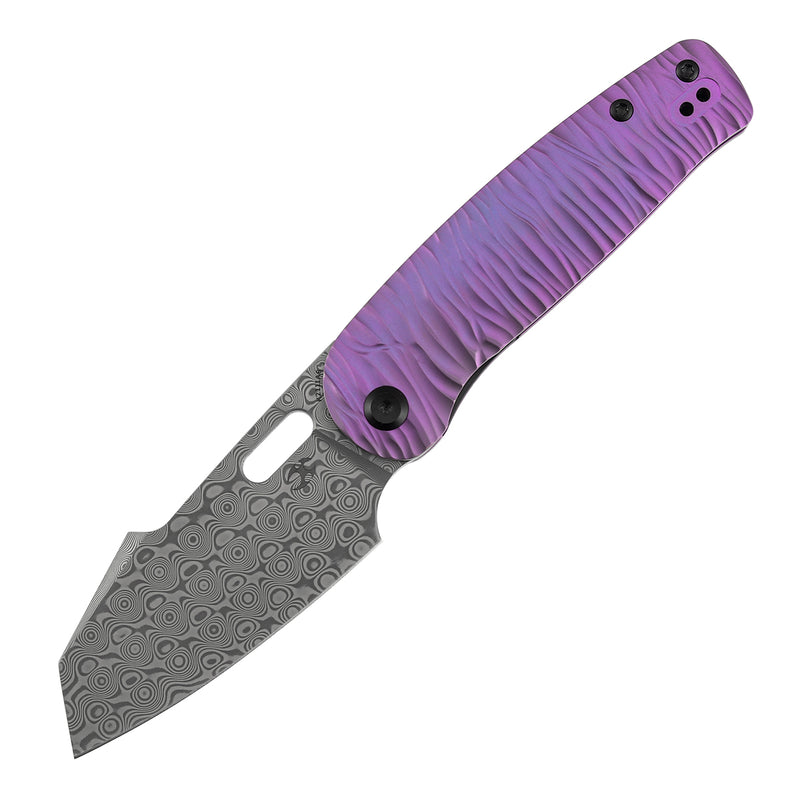 Kansept Orlok K2111A6 Acid Etched Damascus Blade Purple Anodized Titanium Handle Nested Liner Lock Folding Knife