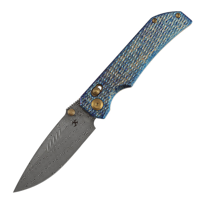 Kansept Eaglestrike K1095V5 Damascus Blade Titanium Handle Crossbar Lock Folding Knife