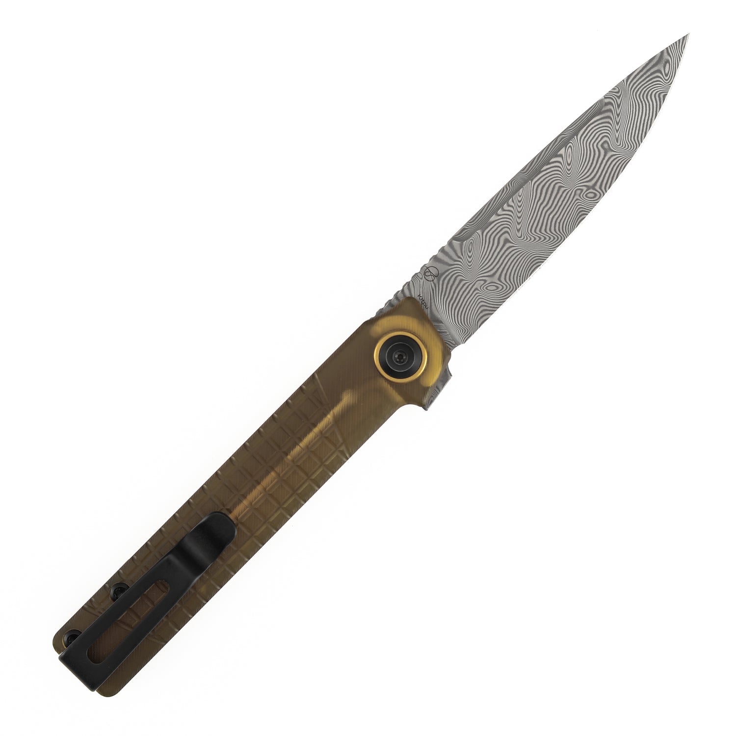 Tenable Kitpu B2123A5 Water Ripple Damascus Blade Amber PEI/Ultem Handle Liner Lock Folding Knife