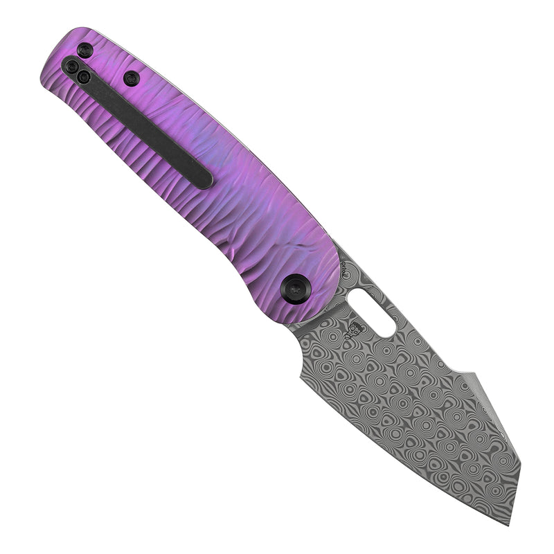 Kansept Orlok K2111A6 Acid Etched Damascus Blade Purple Anodized Titanium Handle Nested Liner Lock Folding Knife