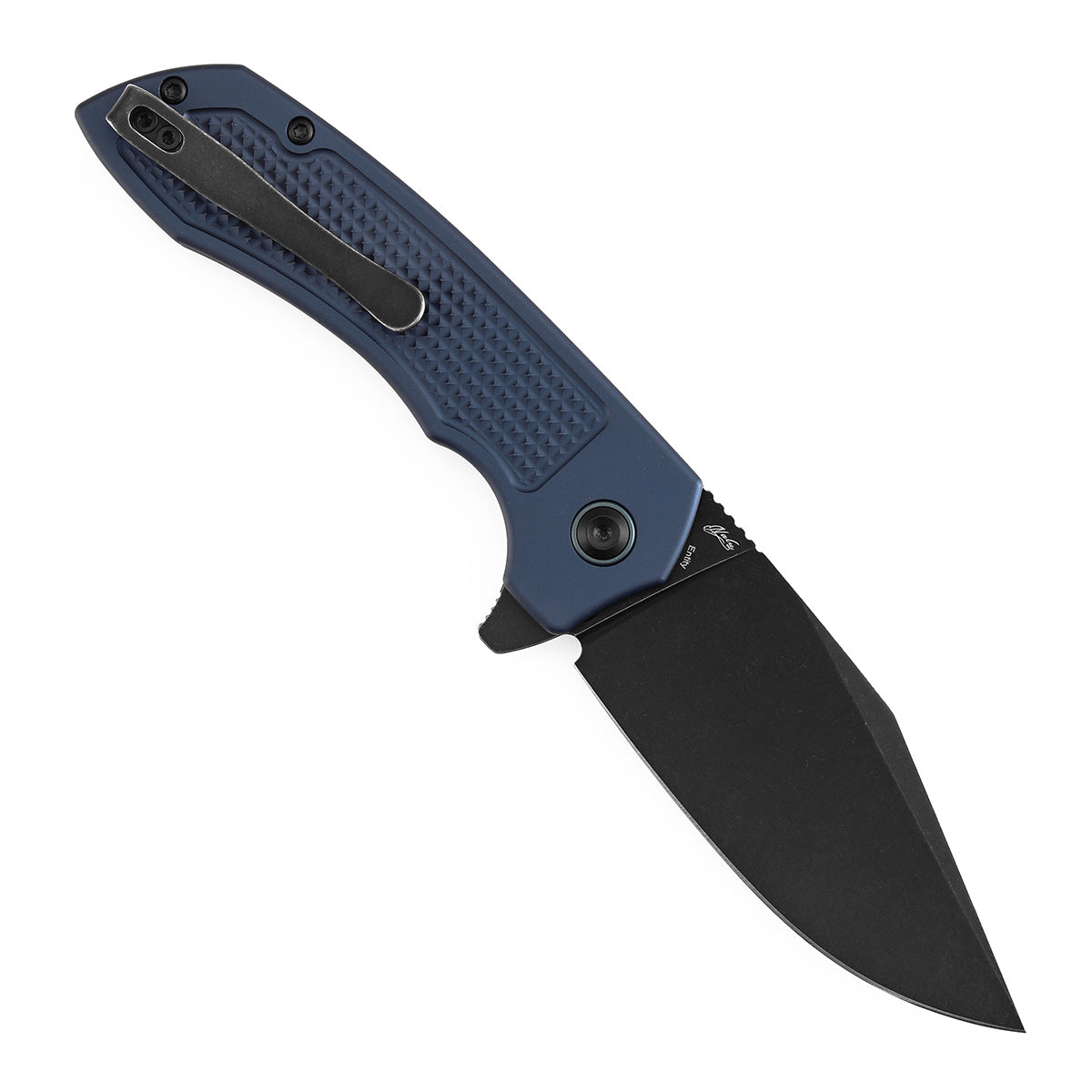Tenable Entity B1036F5 Blackwash 14C28N Blade Blue Aluminum Handdle Button Lock Folding Knife