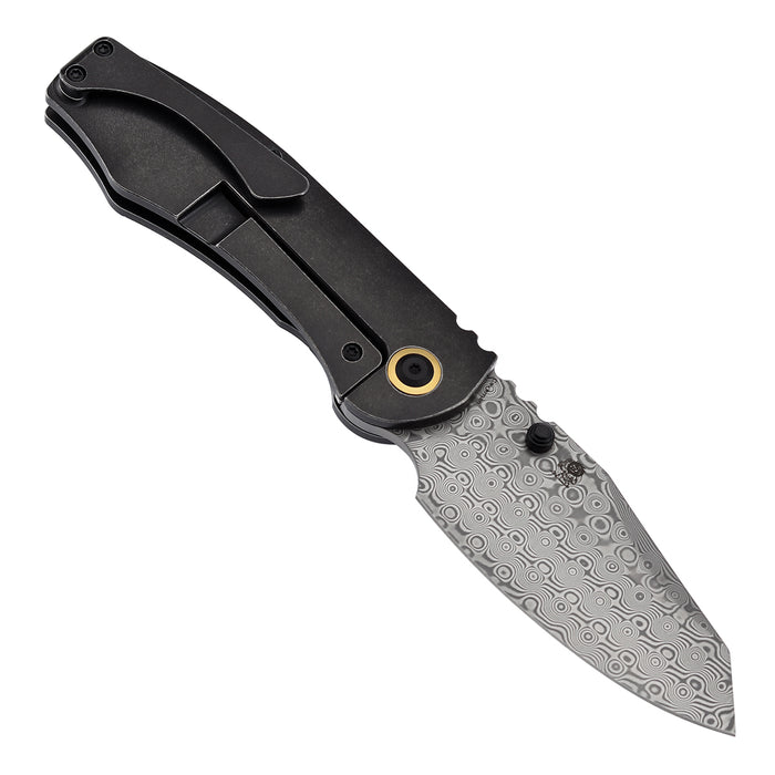 KANSEPT Caveman K1110B3 Damascus Blade Blackwash Titanium wtih 80's CamoCarbon Handle Thumb Stub