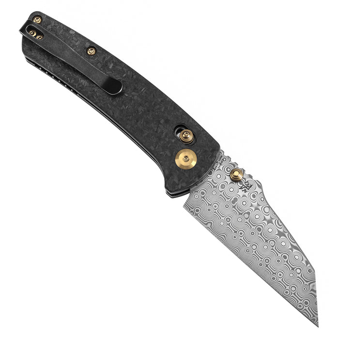 KANSEPT Main Street K1015V1 Damascus Blade Carbon Fiber Handle Crossbar Lock Knife Thumb Studs