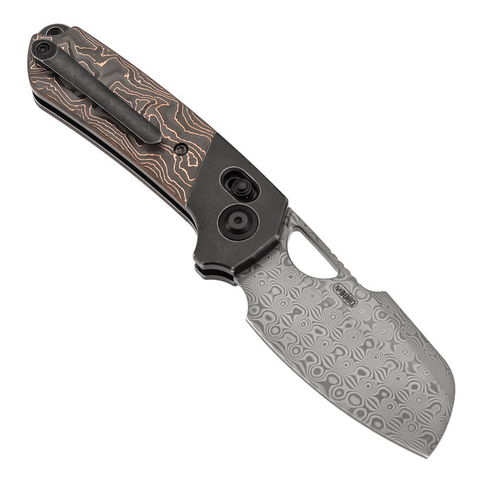 Kansept Nahual K2125V3 Damascus Blade Blackwash Titanium, Copper Carbon Fiber Handle Crossbar Lock