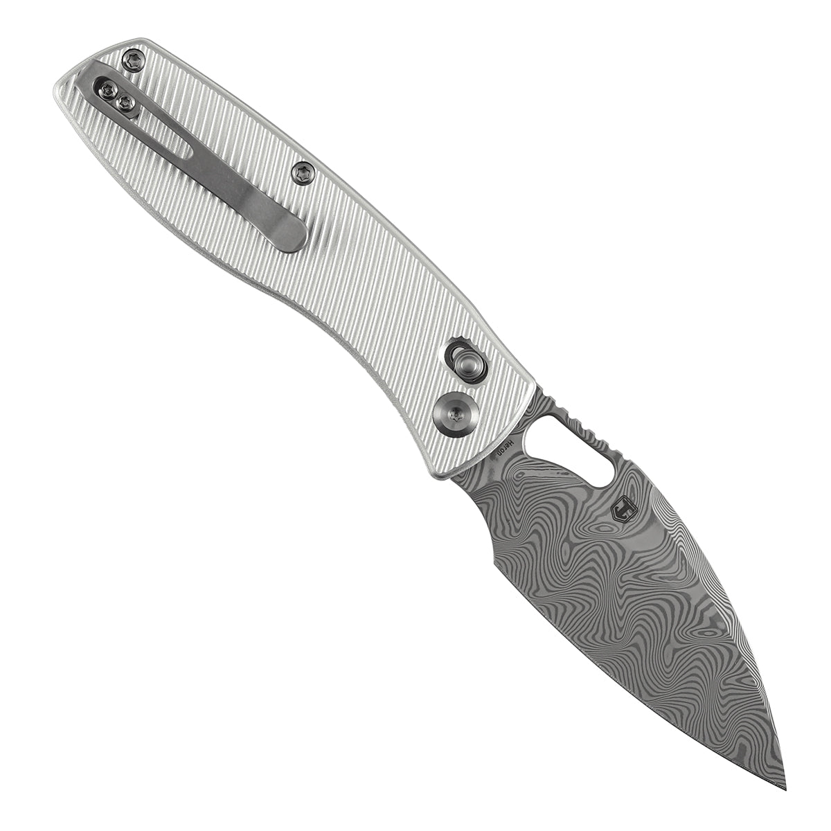 Tenable Heron B2124V3 Damascus Blade Beadblasted Aluminum Handle Crossbar Lock Folding Knife