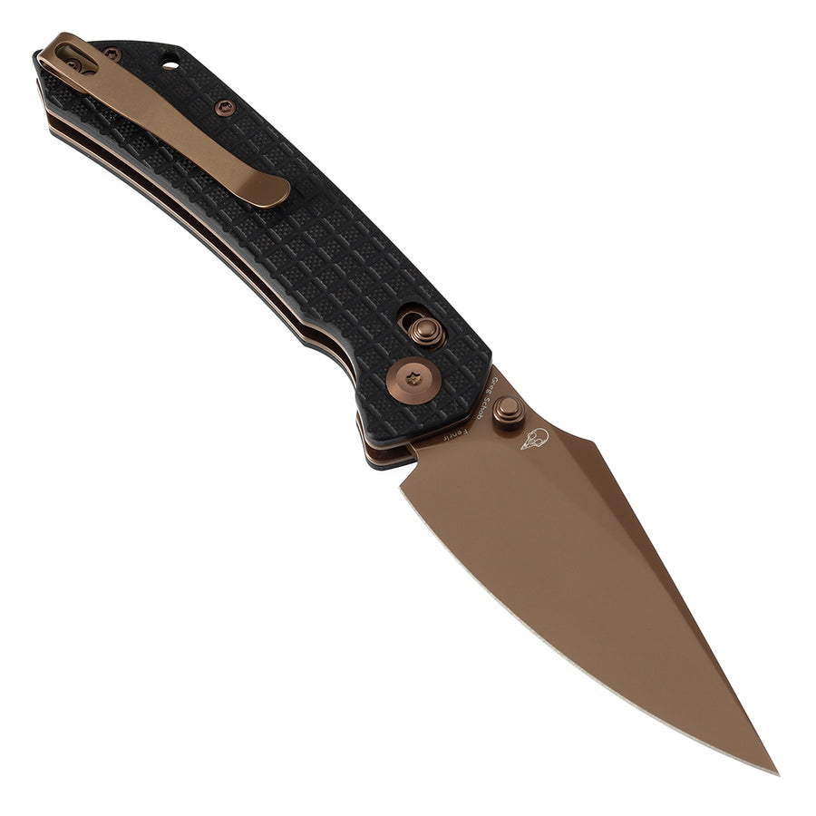 Tenable Knives Fenrir T1034V8 Rose Gold Coated Nitro-V Blade Black G10 Handle Cross Bar Lock
