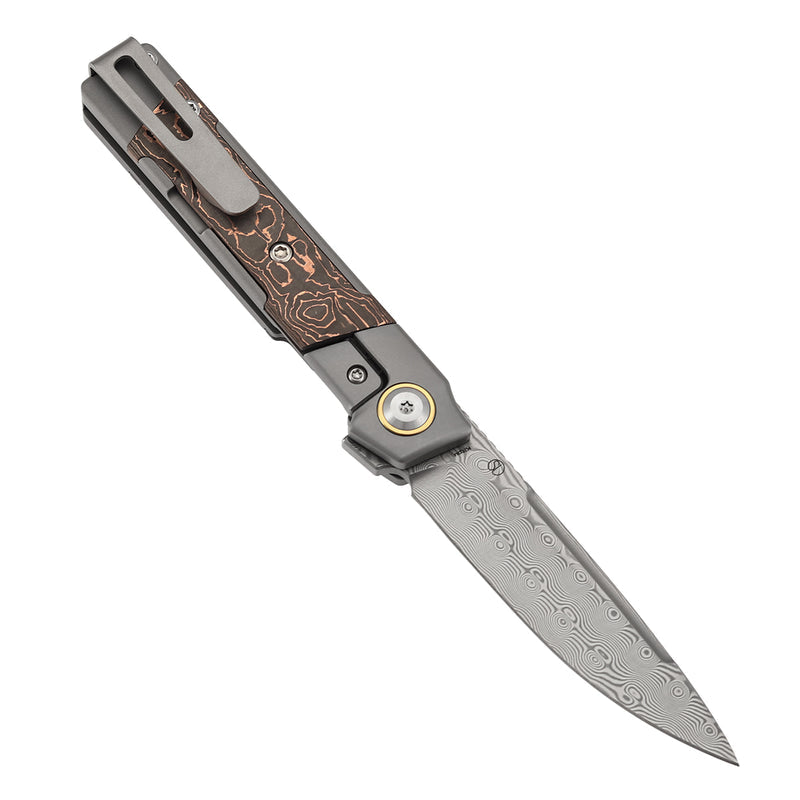 Kansept Kitpu K2123A5 Damascus Blade Titanium wtih Copper Carbon Fiber Handle Frame Lock Knife