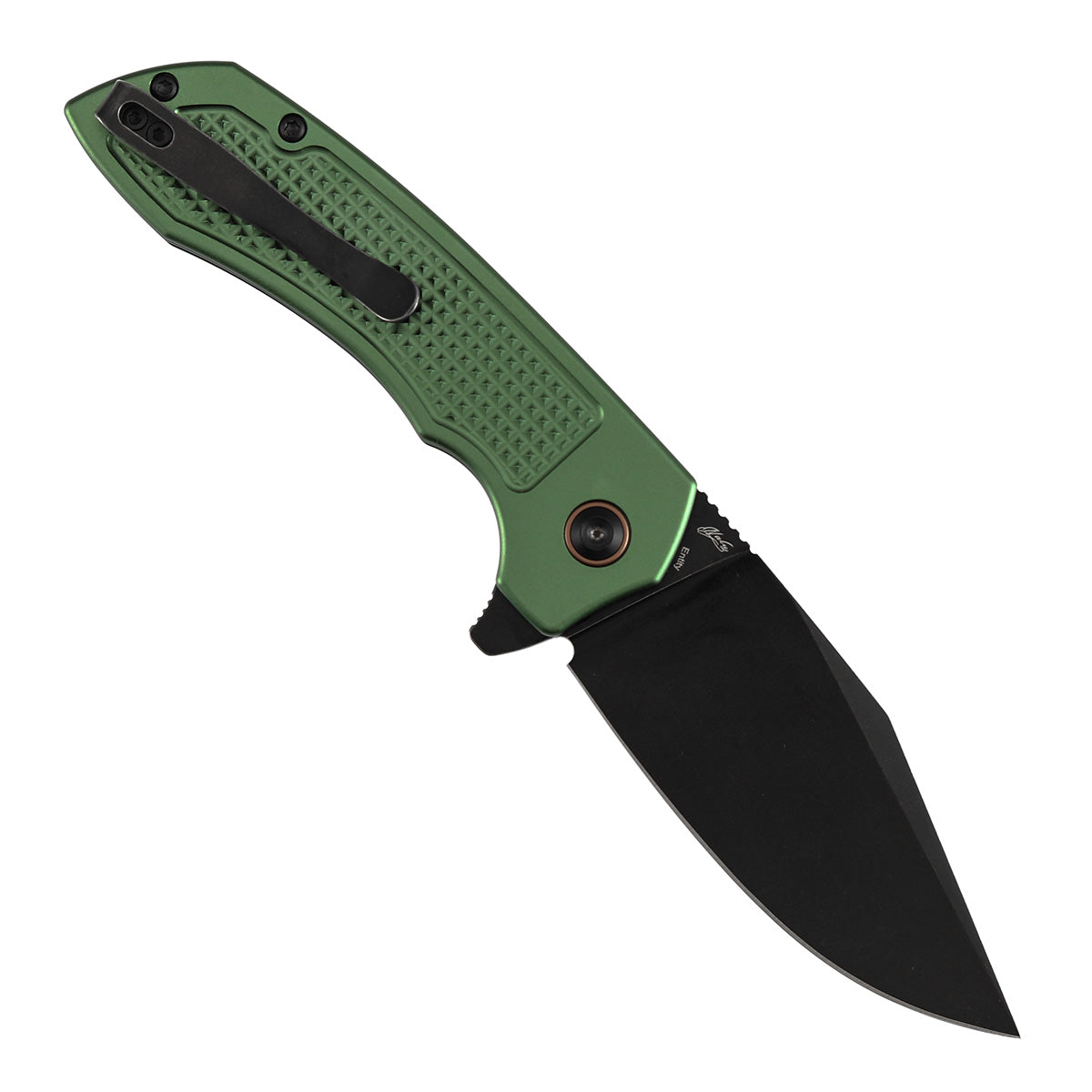 Tenable Entity B1036F2 Blackwash 14C28N Blade Green Aluminum Handdle Button Lock Folding Knife
