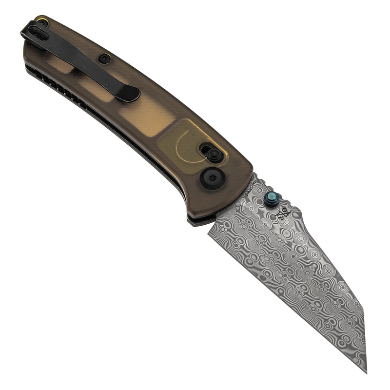 Kansept Main Street T1015V12 Damascus Blade Amber PEI/Ultem Handle Crossbar Lock Folding Knives