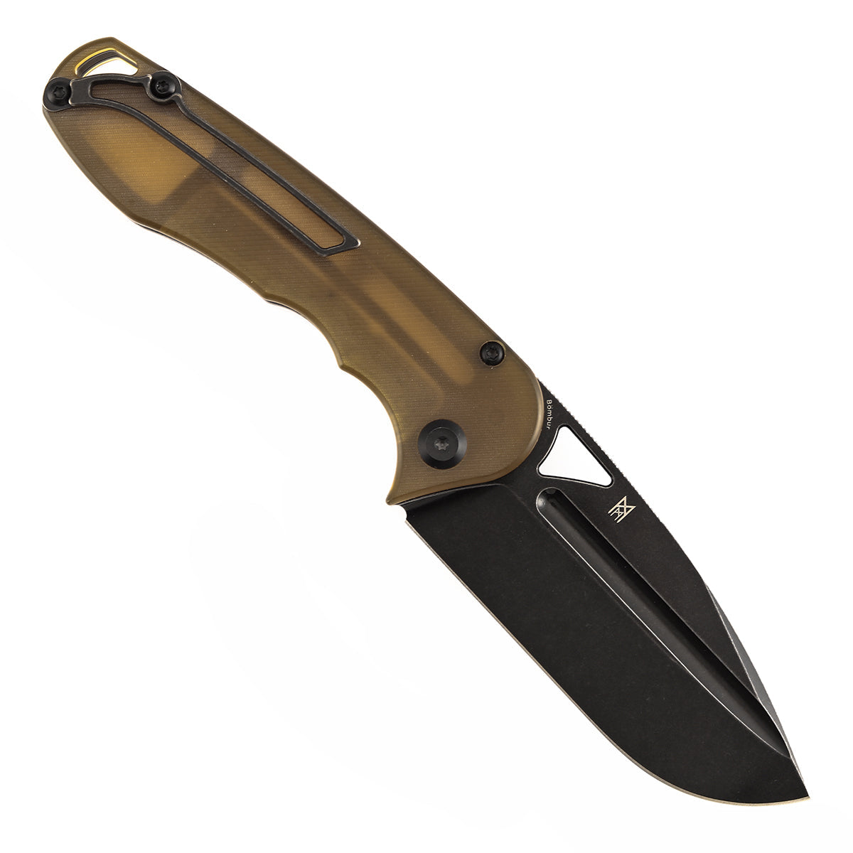 Tenable Bömbur T1054A7 Blackwashed D2 Blade Amber PEI Handle Liner Lock Folding Knife