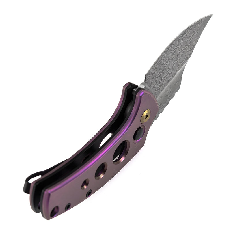 Kansept Wasp T2144F6 Acid Etched Damascus Blade Purple Anodized Titanium Handle Button Lock Folding Knife