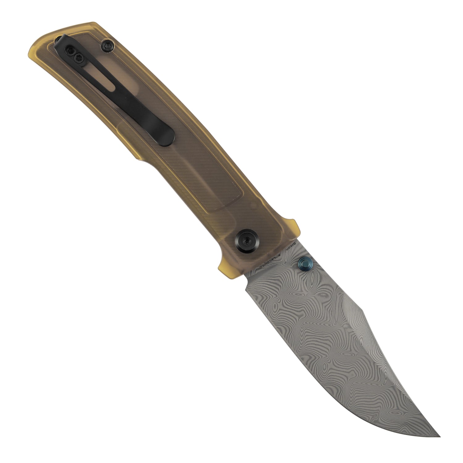 Tenable Bison B2108A5 Water Ripple Damascus Blade Amber PEI/Ultem Handle Liner Lock Folding Knife