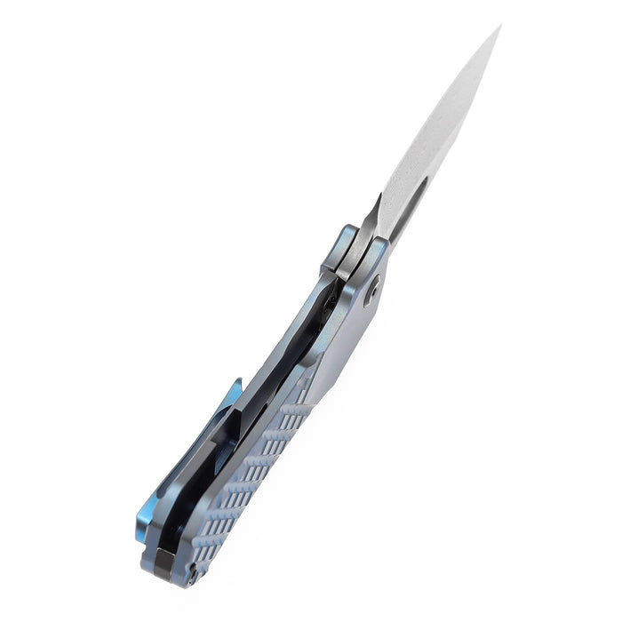 KANSEPT Loki K1058B7 Damascus Blade Blue Anodized Titanium Handle Frame Lock Thumb Hole Knife