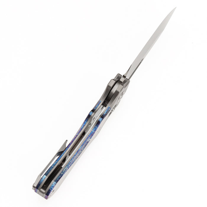 KANSEPT Quasar K1099V3 Damascus Blade Titanium and Titanium Inlay with Lightning Strike Finish Handle Cross Bar Lock
