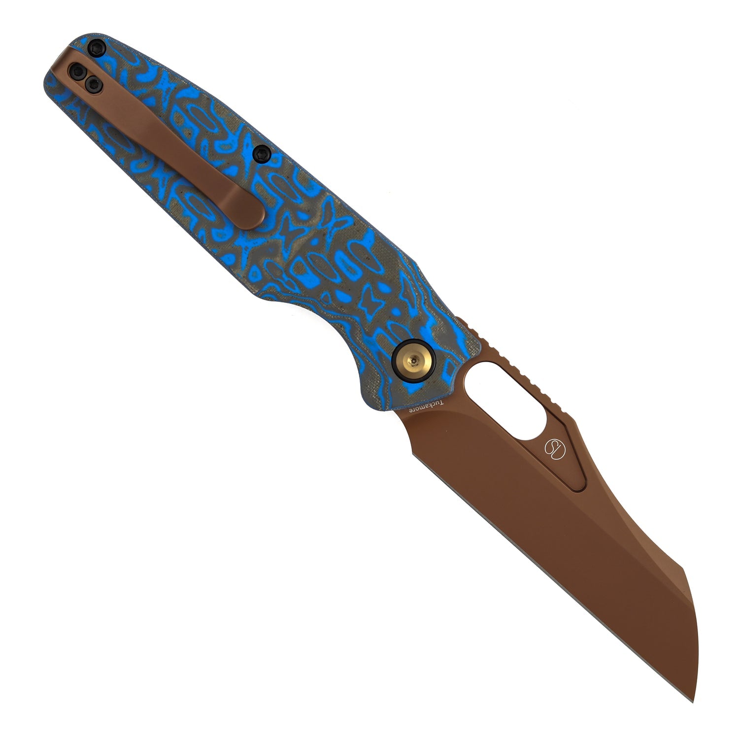 Tenable Tuckamore B1052A3 Rose Gold Nitro-V Blade Blue & Yellow Vortex Micarta Handle Liner Lock Folding Knife