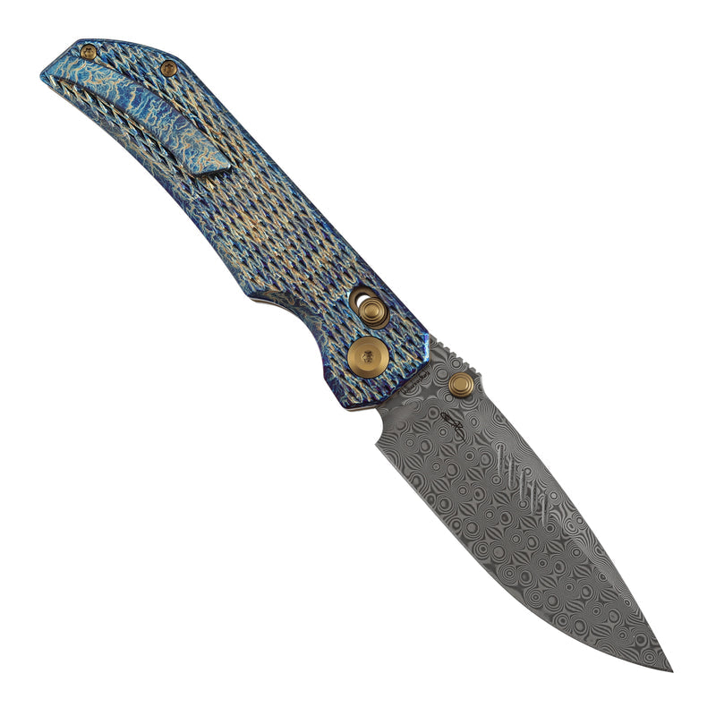 Kansept Eaglestrike K1095V5 Damascus Blade Titanium Handle Crossbar Lock Folding Knife