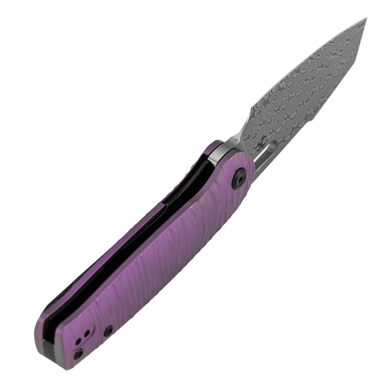 Kansept Orlok K2111A6 Acid Etched Damascus Blade Purple Anodized Titanium Handle Nested Liner Lock Folding Knife