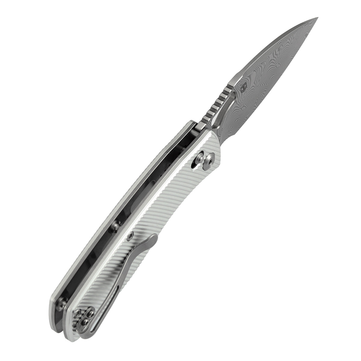 Tenable Heron B2124V3 Damascus Blade Beadblasted Aluminum Handle Crossbar Lock Folding Knife
