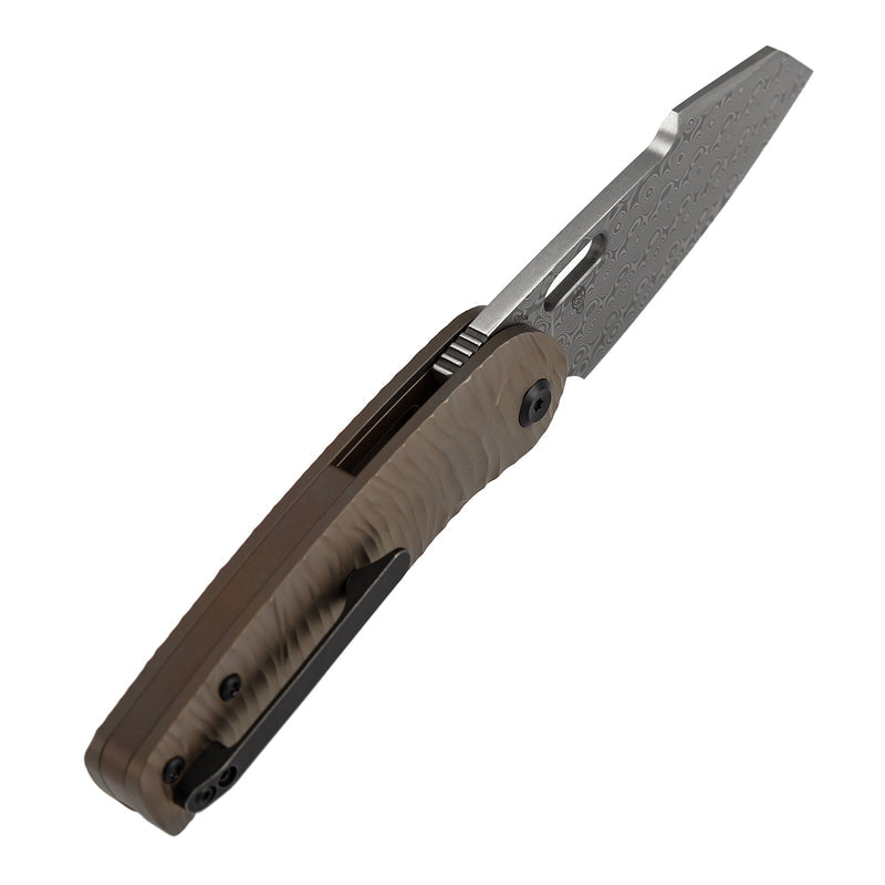 Kansept Orlok K2111A7 Acid Etched Damascus Blade Bronze Anodized Titanium Handle Nested Liner Lock Folding Knife