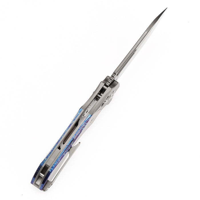 KANSEPT Quasar K1099V3 Damascus Blade Titanium and Titanium Inlay with Lightning Strike Finish Handle Cross Bar Lock