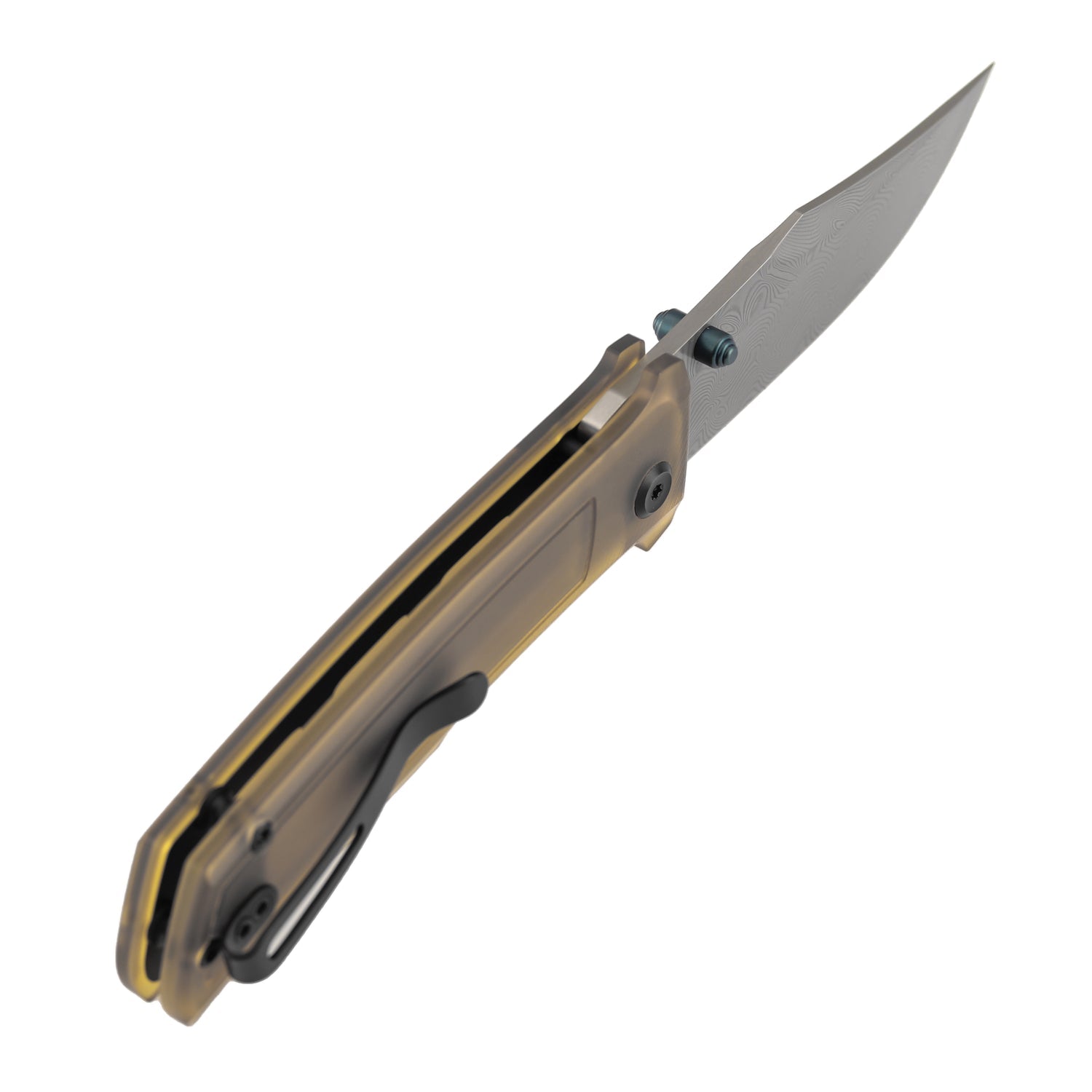 Tenable Bison B2108A5 Water Ripple Damascus Blade Amber PEI/Ultem Handle Liner Lock Folding Knife