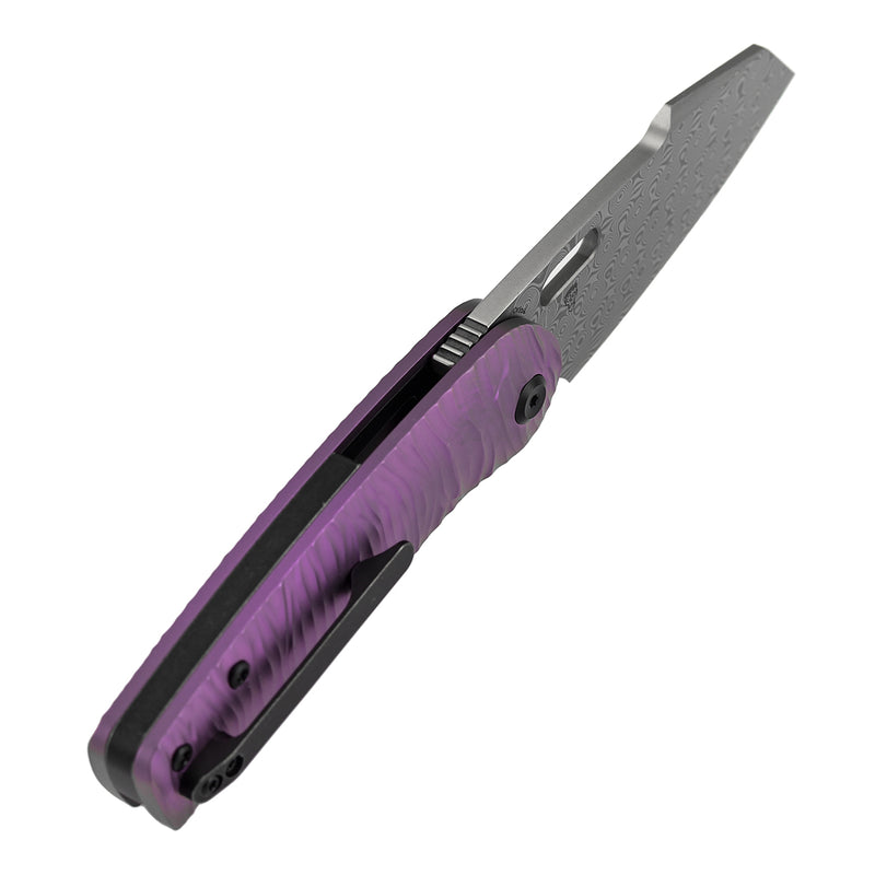 Kansept Orlok K2111A6 Acid Etched Damascus Blade Purple Anodized Titanium Handle Nested Liner Lock Folding Knife