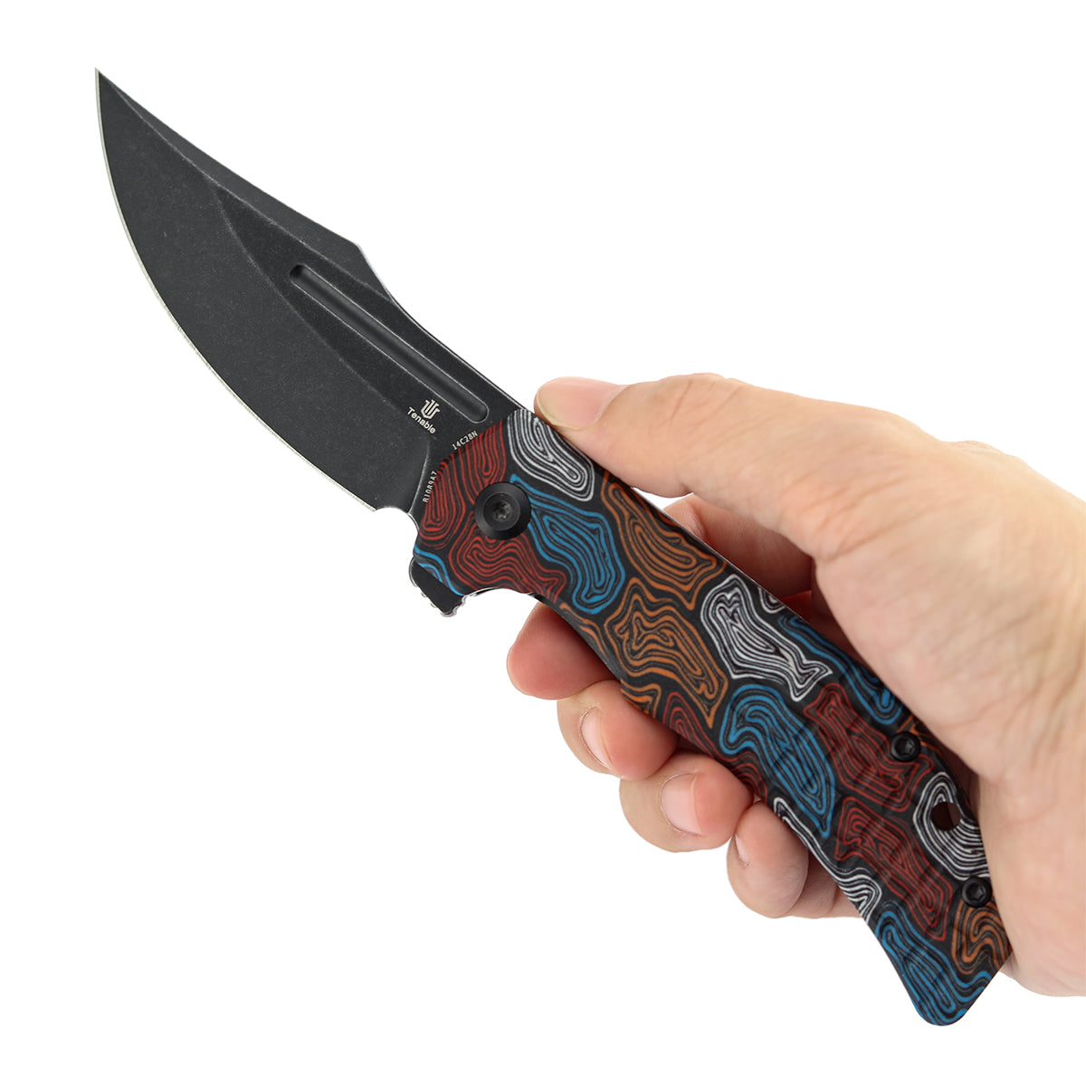 Tenable Orion B1089A7 Blackwashed 14C28N Blade Multi-color Topo G-mascus Handle Liner Lock Folding Knife