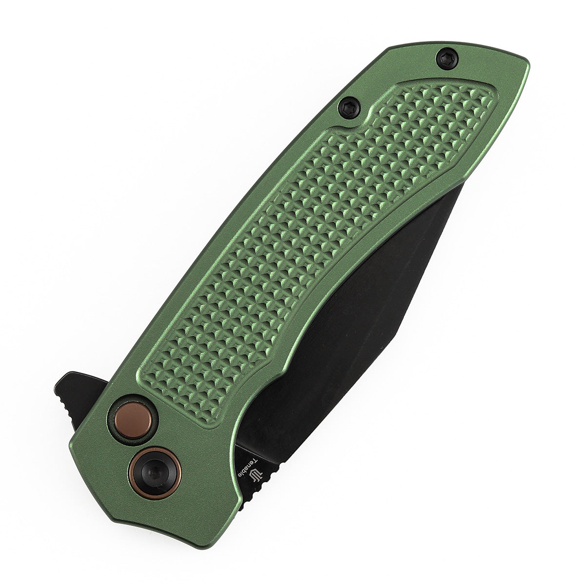 Tenable Entity B1036F2 Blackwash 14C28N Blade Green Aluminum Handdle Button Lock Folding Knife