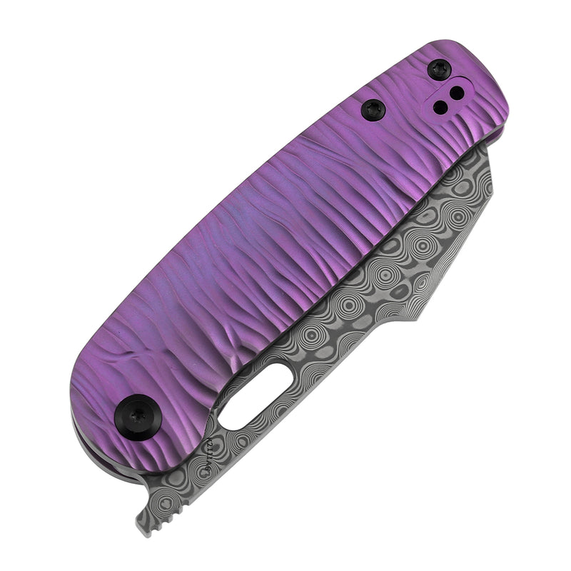 Kansept Orlok K2111A6 Acid Etched Damascus Blade Purple Anodized Titanium Handle Nested Liner Lock Folding Knife