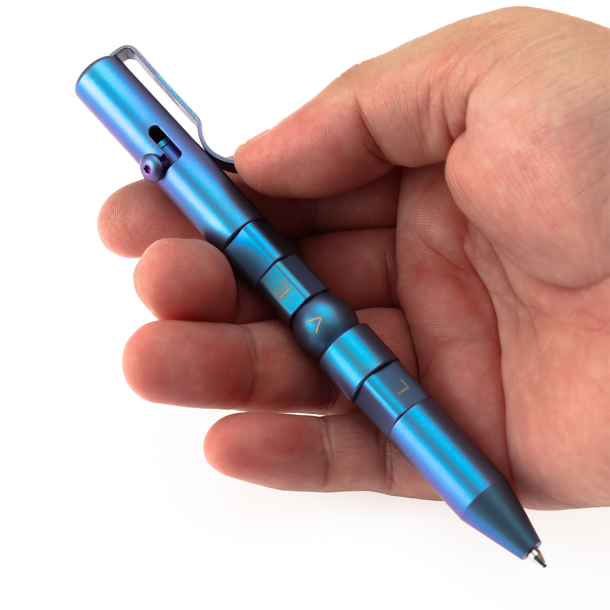 Kansept Titanium EDC Bolt-Action Pen G013P3– Rotable SHAPES with Blue Anodized Titanium with LOVE Pattern