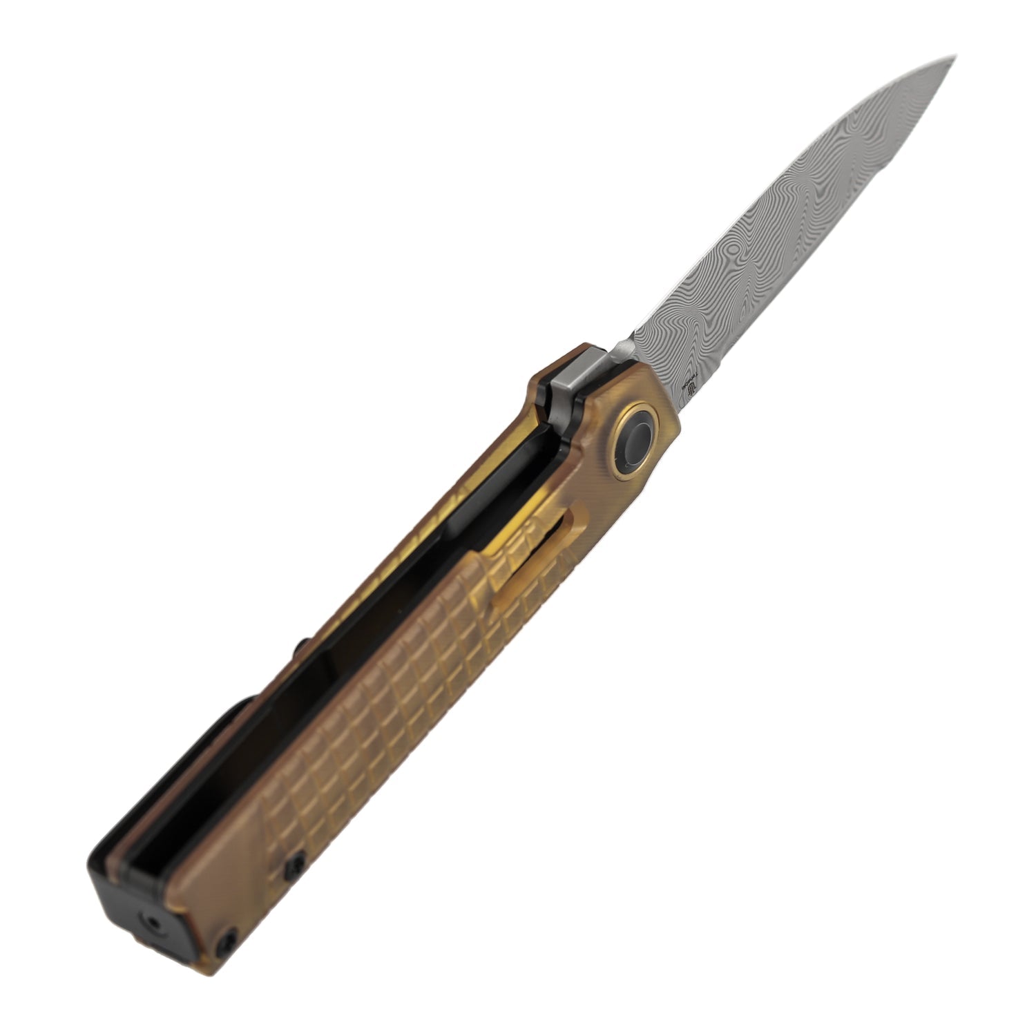 Tenable Kitpu B2123A5 Water Ripple Damascus Blade Amber PEI/Ultem Handle Liner Lock Folding Knife