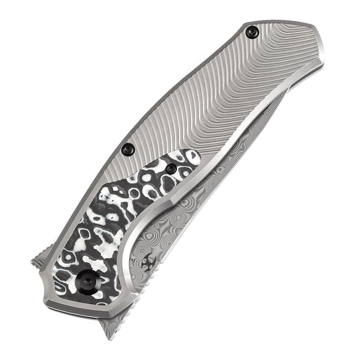 KANSEPT HAVØRN K1069A1 Damascus Blade Titanium with Black and White Carbon Fiber Inlay Handle Frame Lock