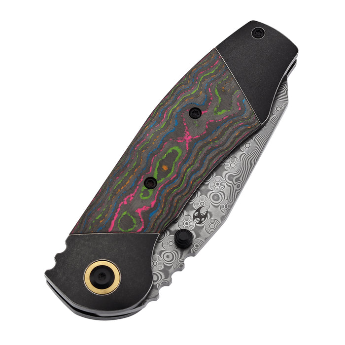 KANSEPT Caveman K1110B3 Damascus Blade Blackwash Titanium wtih 80's CamoCarbon Handle Thumb Stub