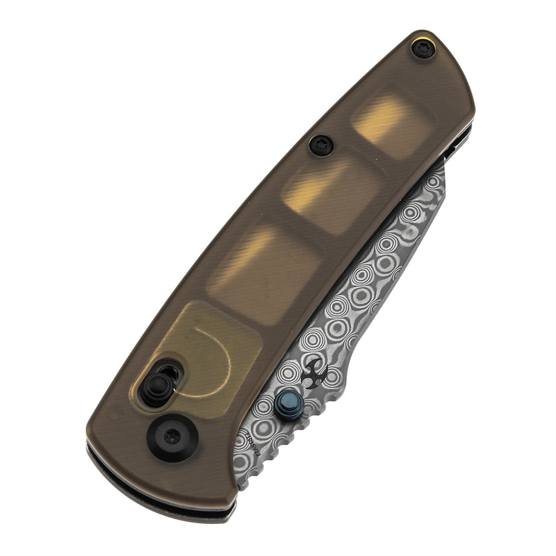 Kansept Main Street T1015V12 Damascus Blade Amber PEI/Ultem Handle Crossbar Lock Folding Knives