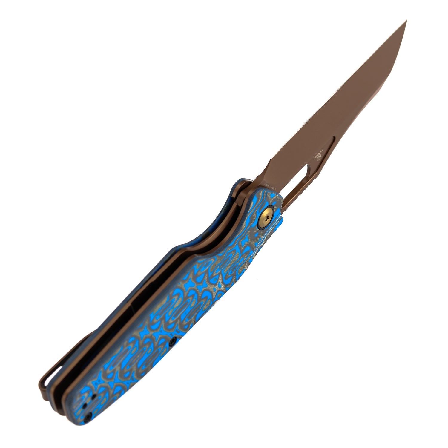 Tenable Tuckamore B1052A3 Rose Gold Nitro-V Blade Blue & Yellow Vortex Micarta Handle Liner Lock Folding Knife