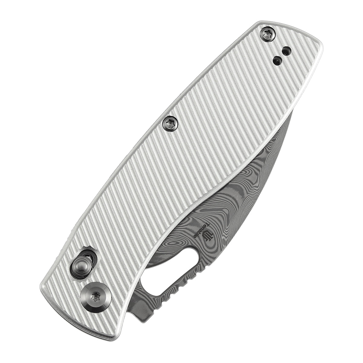 Tenable Heron B2124V3 Damascus Blade Beadblasted Aluminum Handle Crossbar Lock Folding Knife