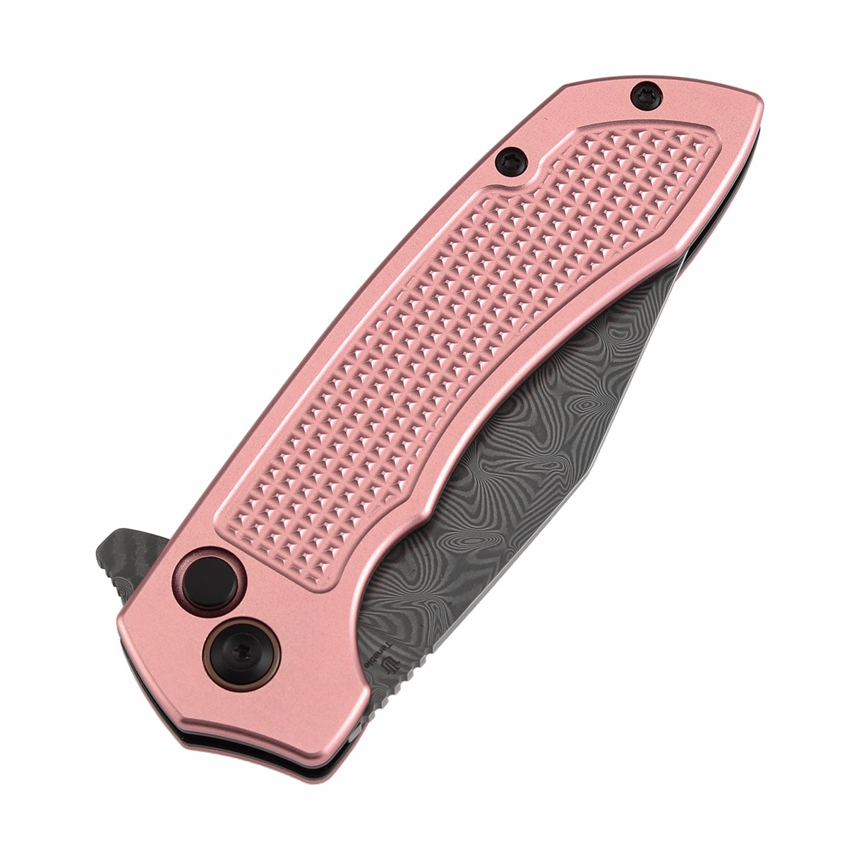 Tenable Entity B1036F4 Water Ripple Damascus Blade Rose Gold Aluminum Handdle Button Lock Folding Knife