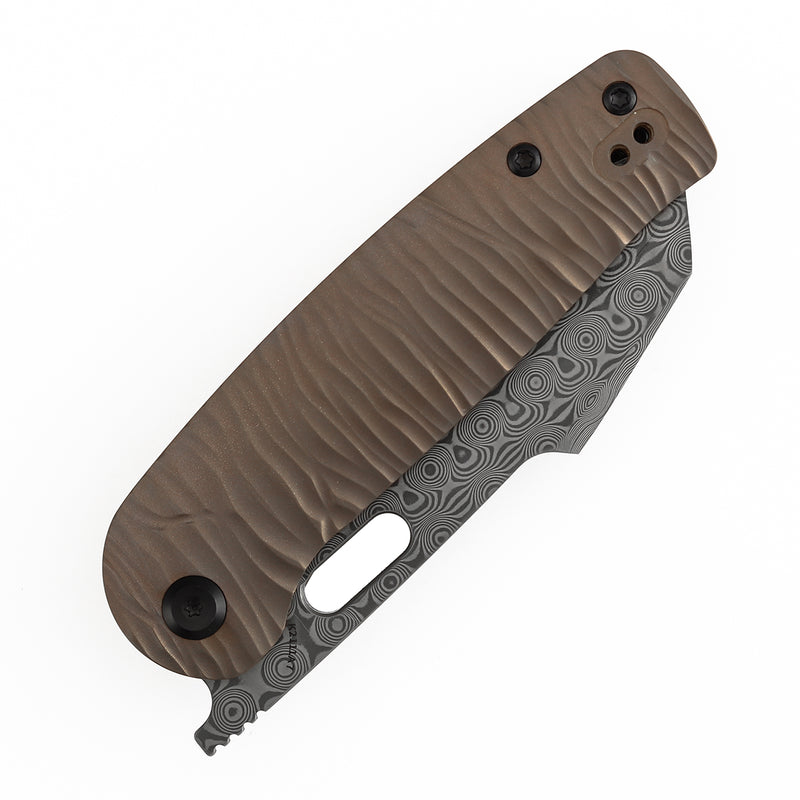 Kansept Orlok K2111A7 Acid Etched Damascus Blade Bronze Anodized Titanium Handle Nested Liner Lock Folding Knife