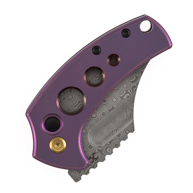 Kansept Wasp T2144F6 Acid Etched Damascus Blade Purple Anodized Titanium Handle Button Lock Folding Knife