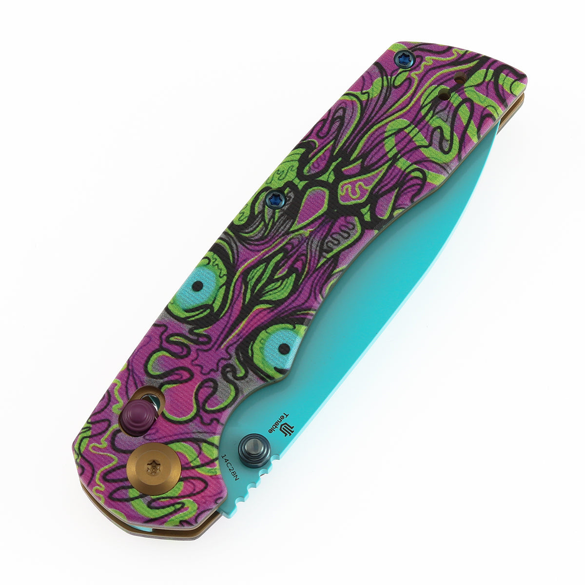 Tenable Kryo T1001V9 Blue Coated 14C28N Blade Jade G10 with Purple Undead Print Handle Crossbar Lock Flding Knife