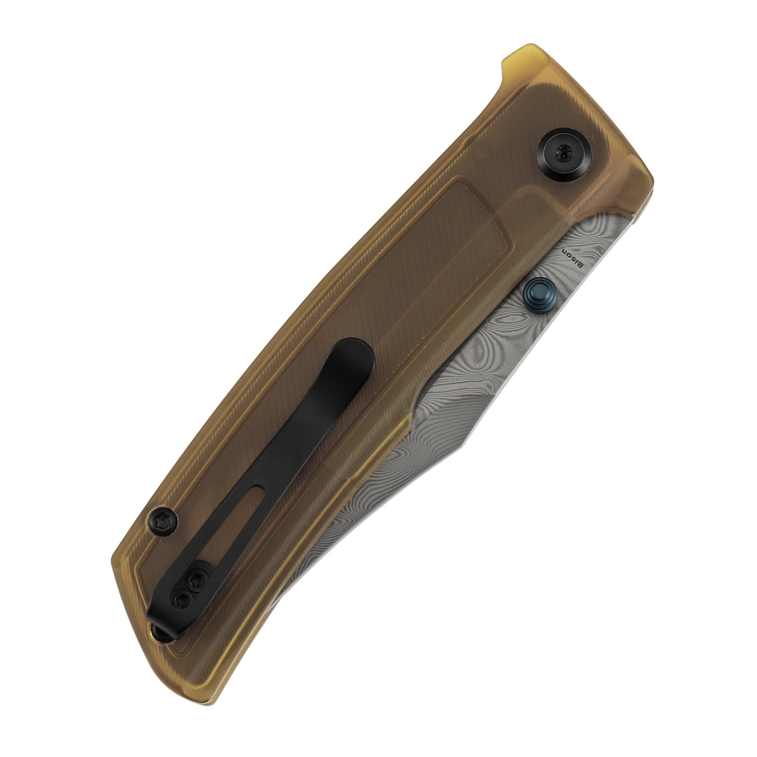 Tenable Bison B2108A5 Water Ripple Damascus Blade Amber PEI/Ultem Handle Liner Lock Folding Knife