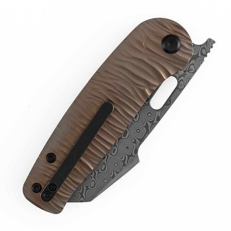Kansept Orlok K2111A7 Acid Etched Damascus Blade Bronze Anodized Titanium Handle Nested Liner Lock Folding Knife